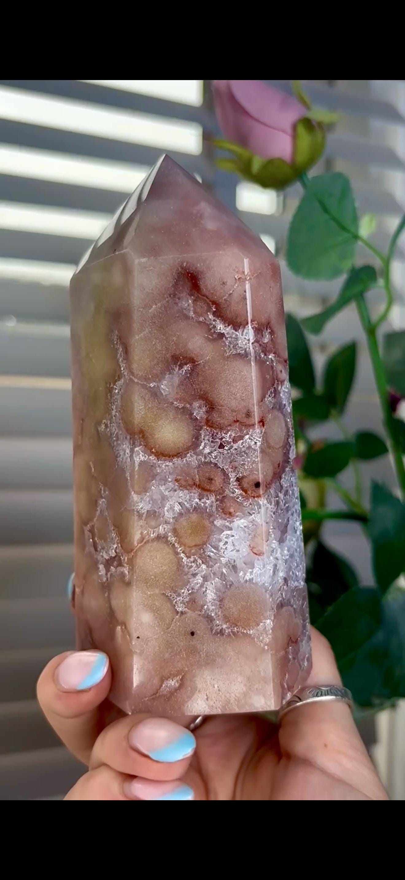 Incredible, high quality, pink amethyst tower with quartz & orb/flower formations 793g 14.4cm by 7cm