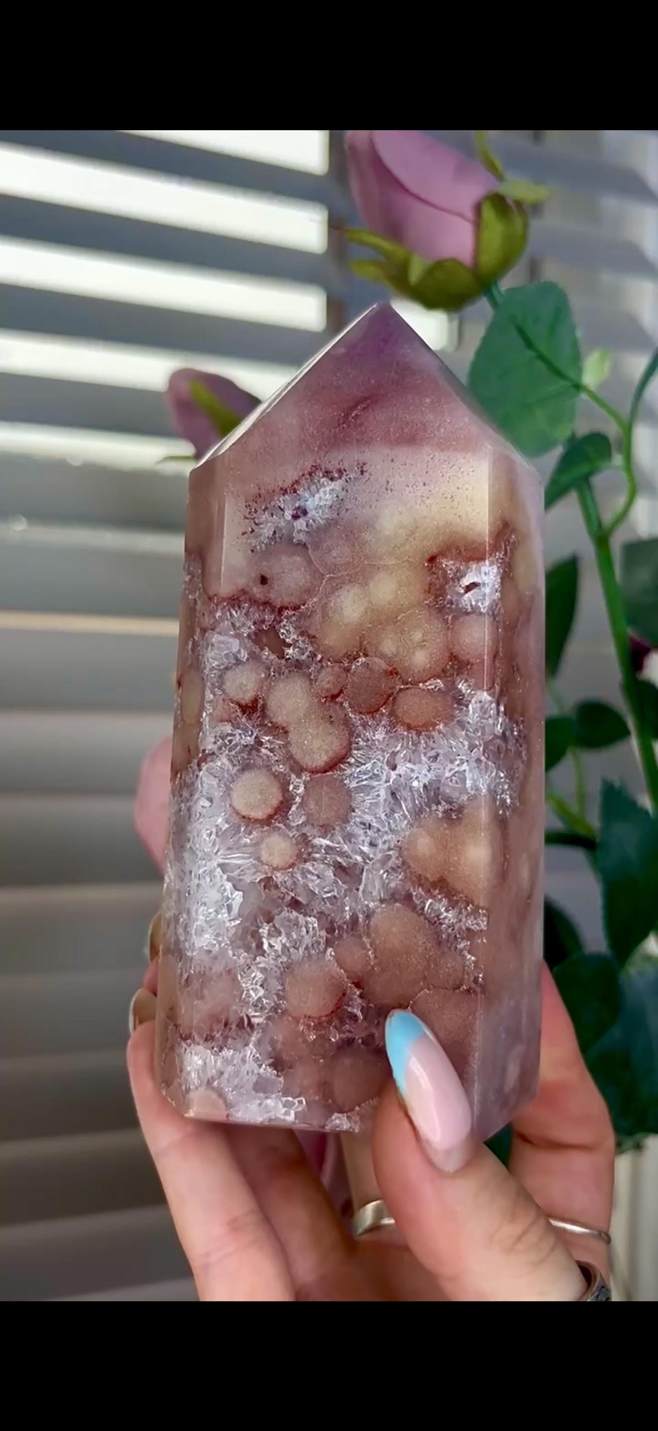 Incredible, high quality, pink amethyst tower with quartz & orb/flower formations 793g 14.4cm by 7cm