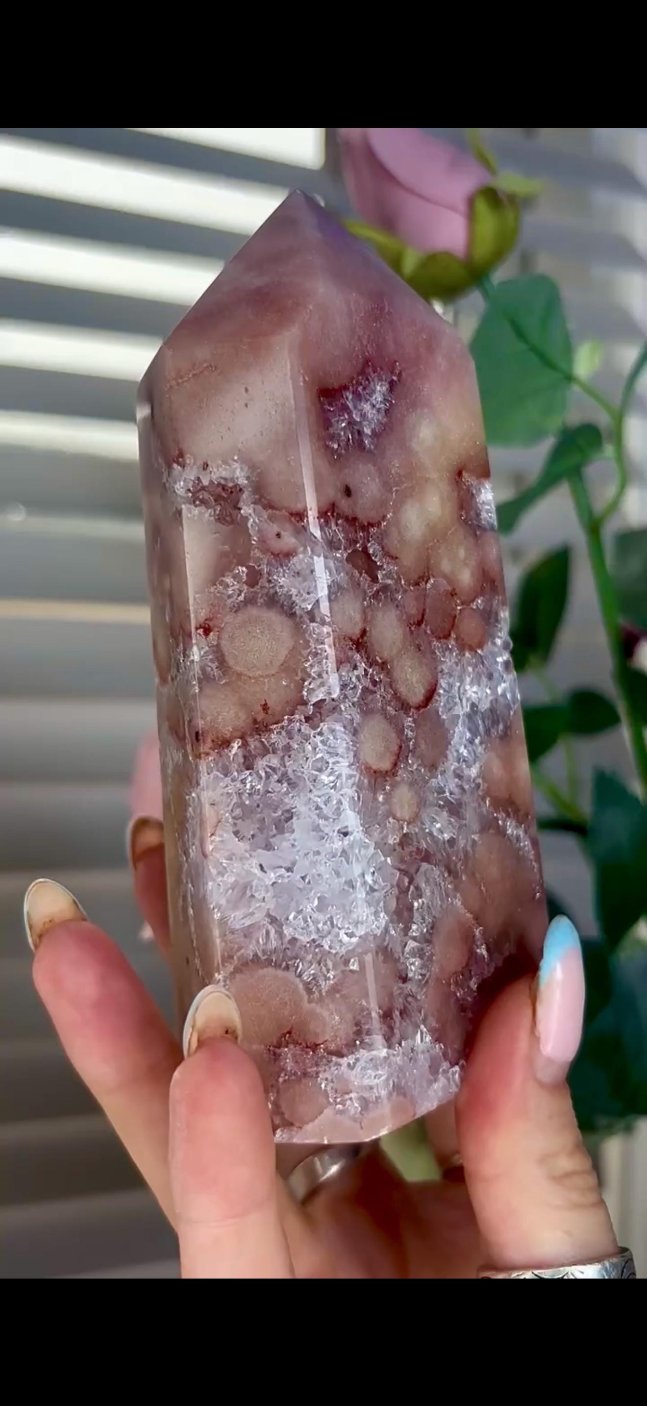 Incredible, high quality, pink amethyst tower with quartz & orb/flower formations 793g 14.4cm by 7cm