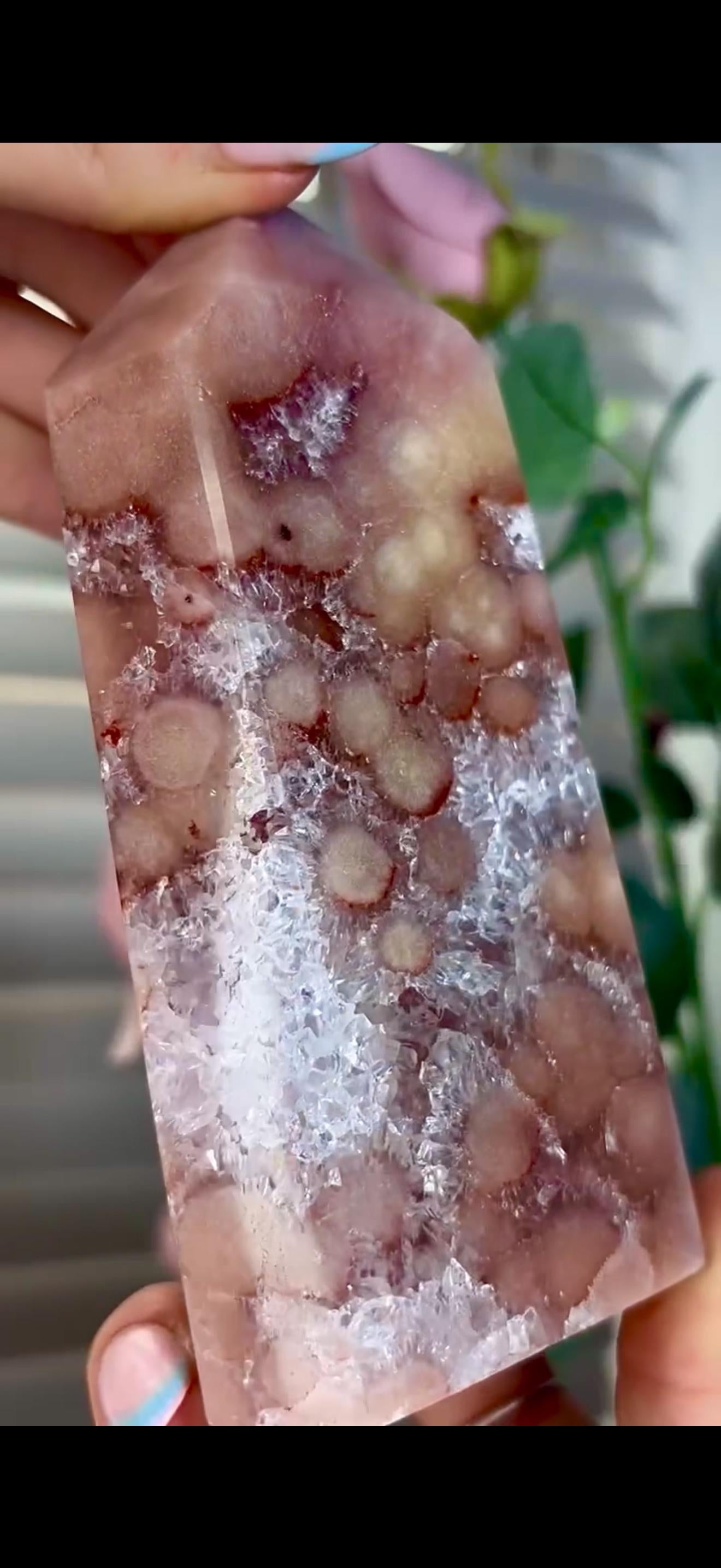 Incredible, high quality, pink amethyst tower with quartz & orb/flower formations 793g 14.4cm by 7cm