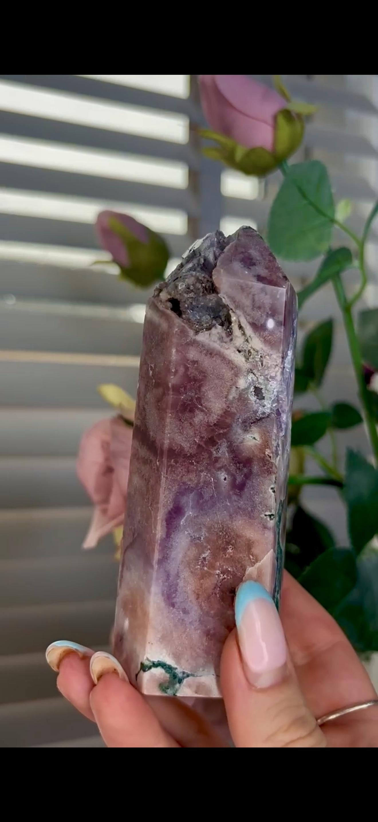 Incredible, tall pink amethyst tower with purple quartz & jasper 358g 12cm by 4.5cm