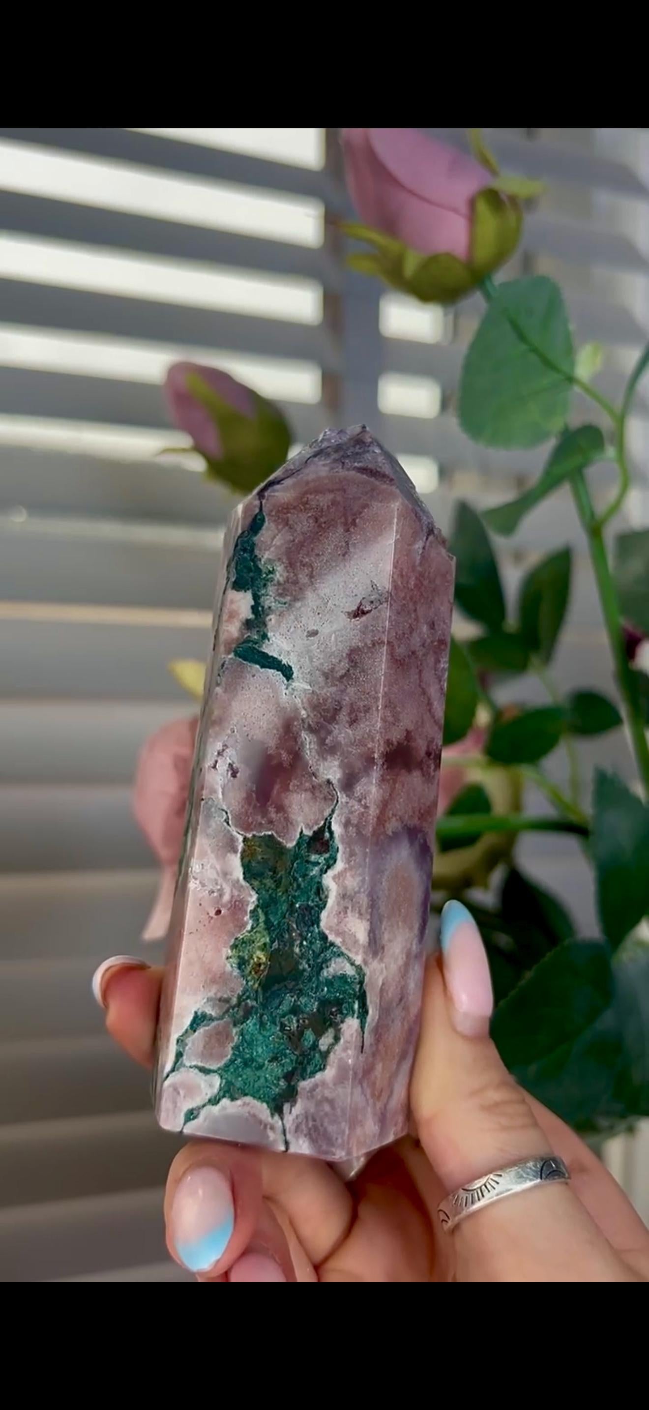 Incredible, tall pink amethyst tower with purple quartz & jasper 358g 12cm by 4.5cm