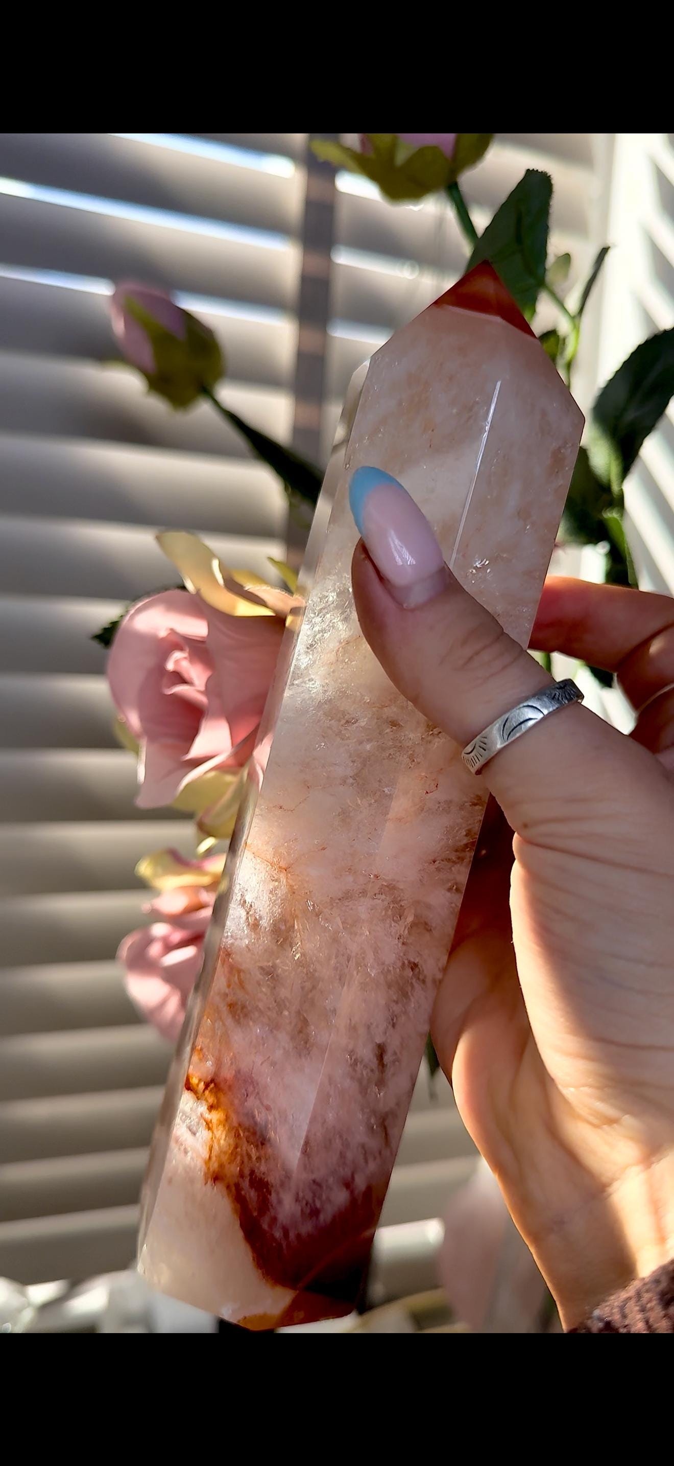 High quality, large red agate, carnelian tower with quartz