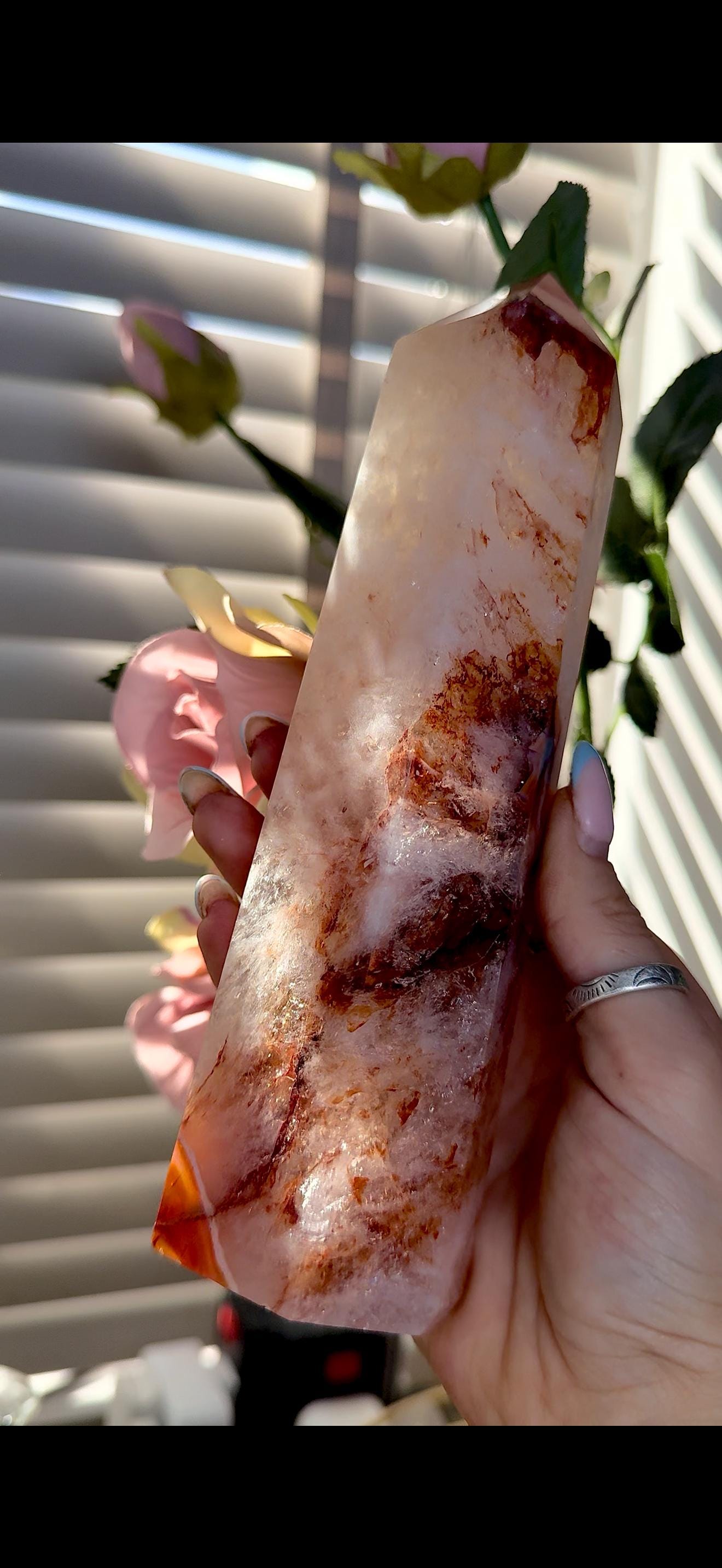 High quality, large red agate, carnelian tower with quartz