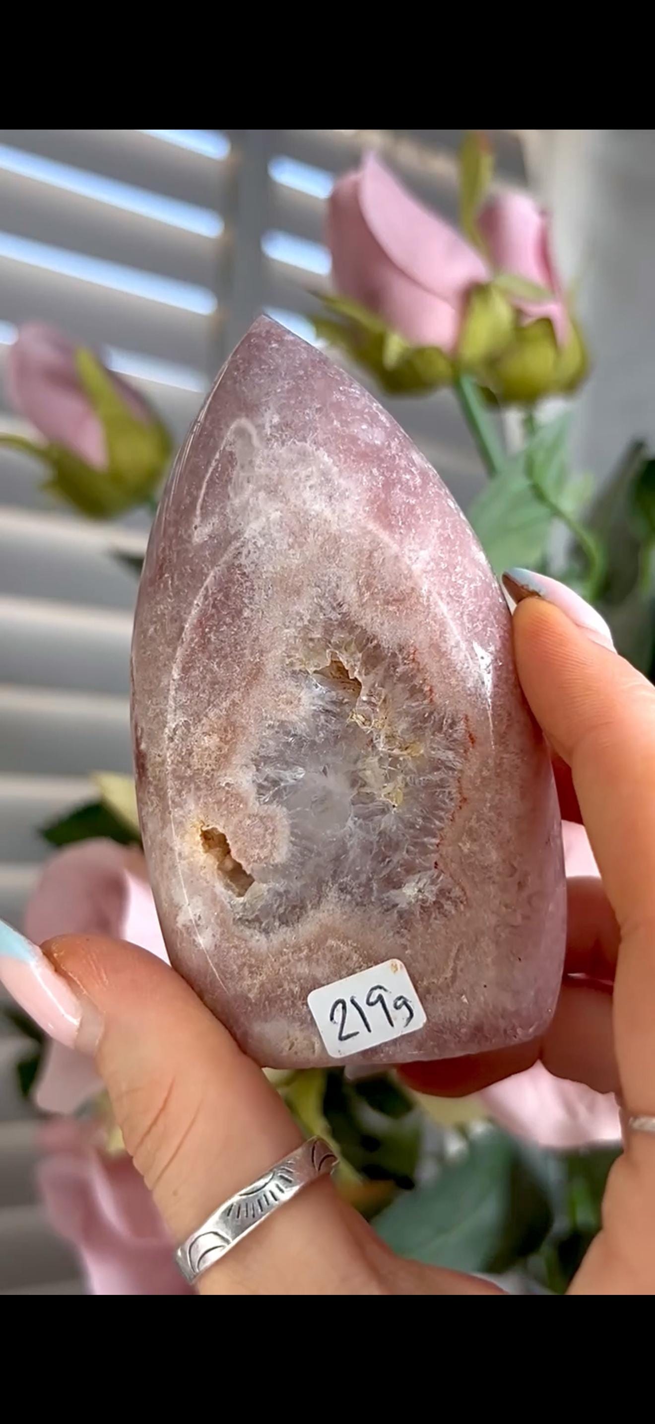 High grade, pink amethyst flame with quartz inclusions 219g