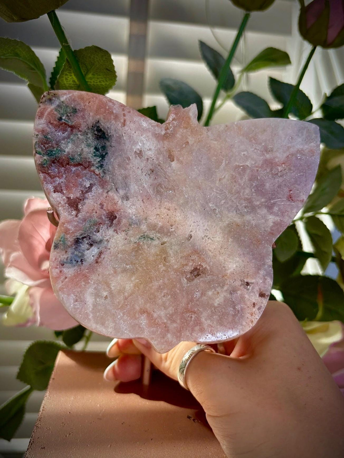 Pink amethyst butterfly on stand with jasper 642g