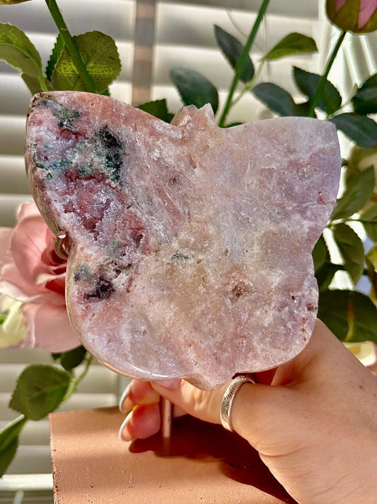 Pink amethyst butterfly on stand with jasper 642g