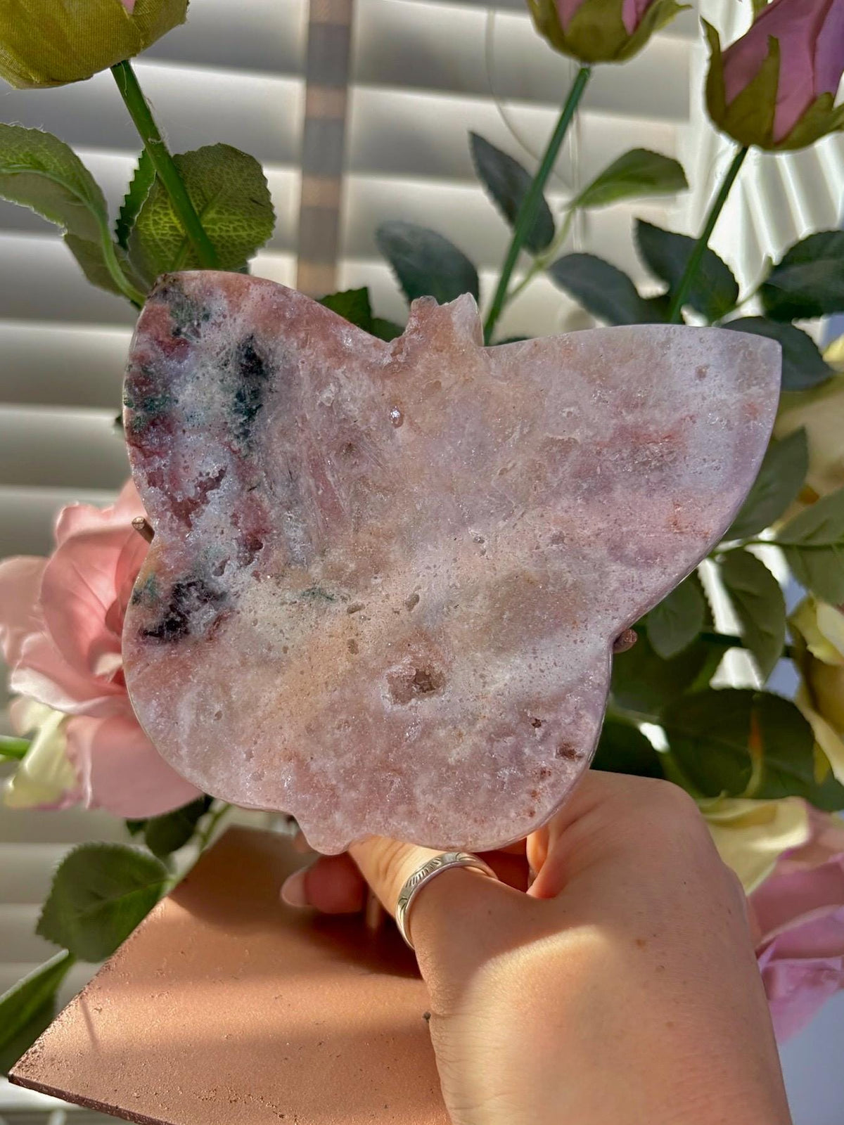 Pink amethyst butterfly on stand with jasper 642g