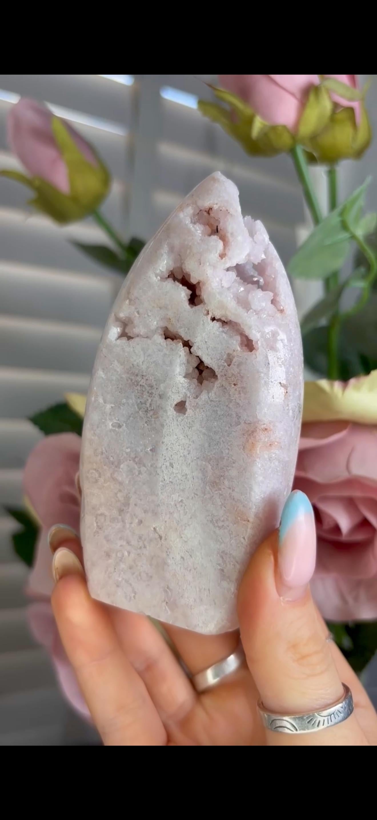 Gorgeous pink amethyst flame with druzy 254g