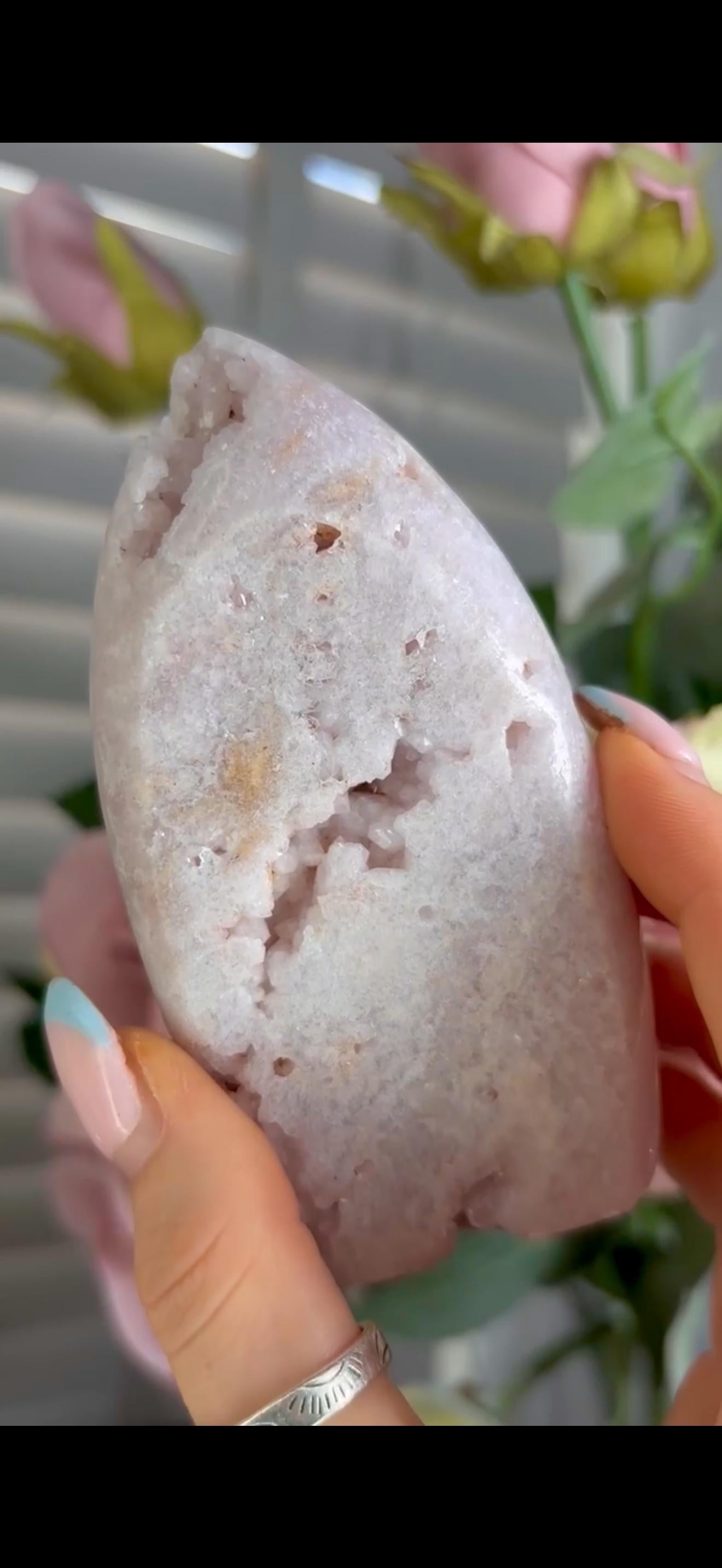 Gorgeous pink amethyst flame with druzy 254g