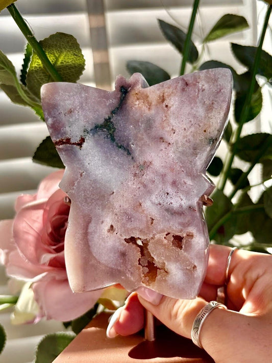 Pink amethyst butterfly on stand with jasper 330g