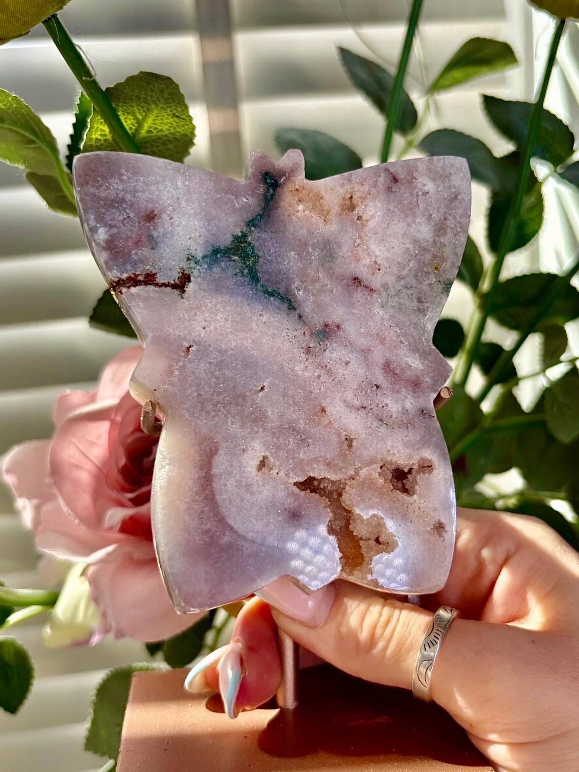 Pink amethyst butterfly on stand with jasper 330g