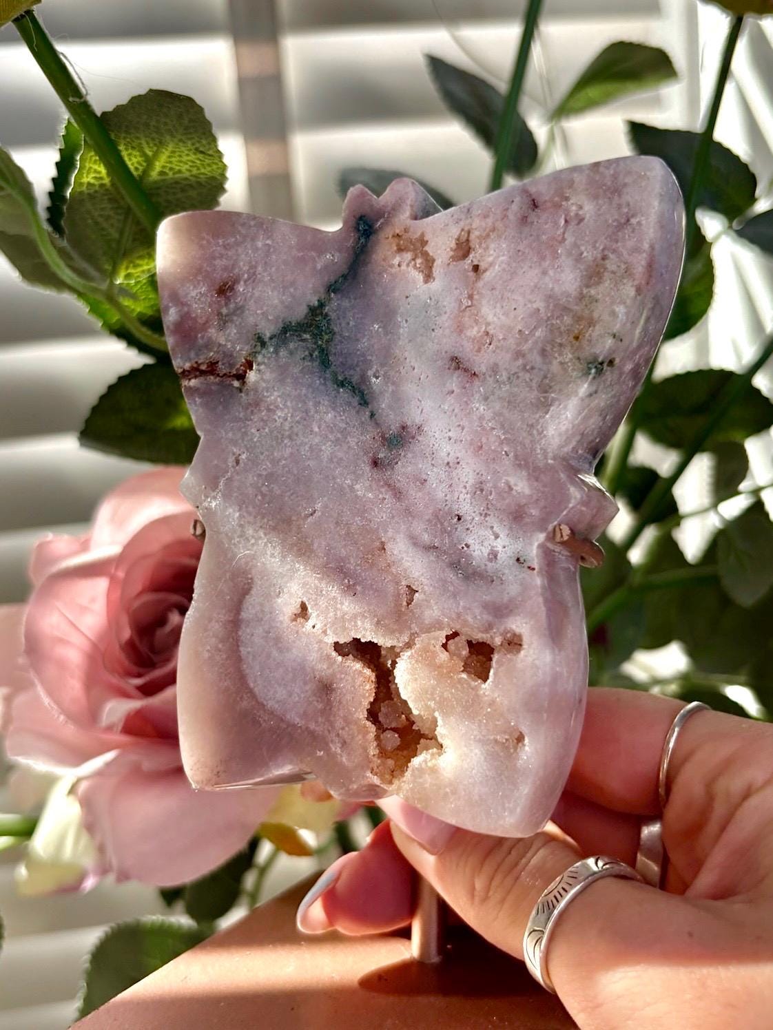 Pink amethyst butterfly on stand with jasper 330g