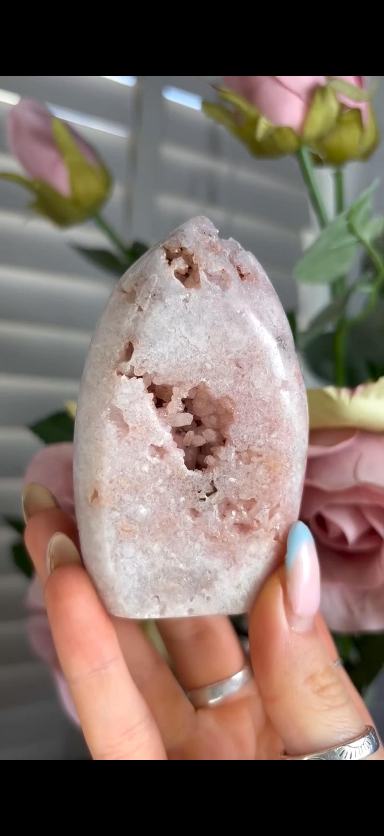 Gorgeous, high grade, baby pink amethyst flame with druzy 203g