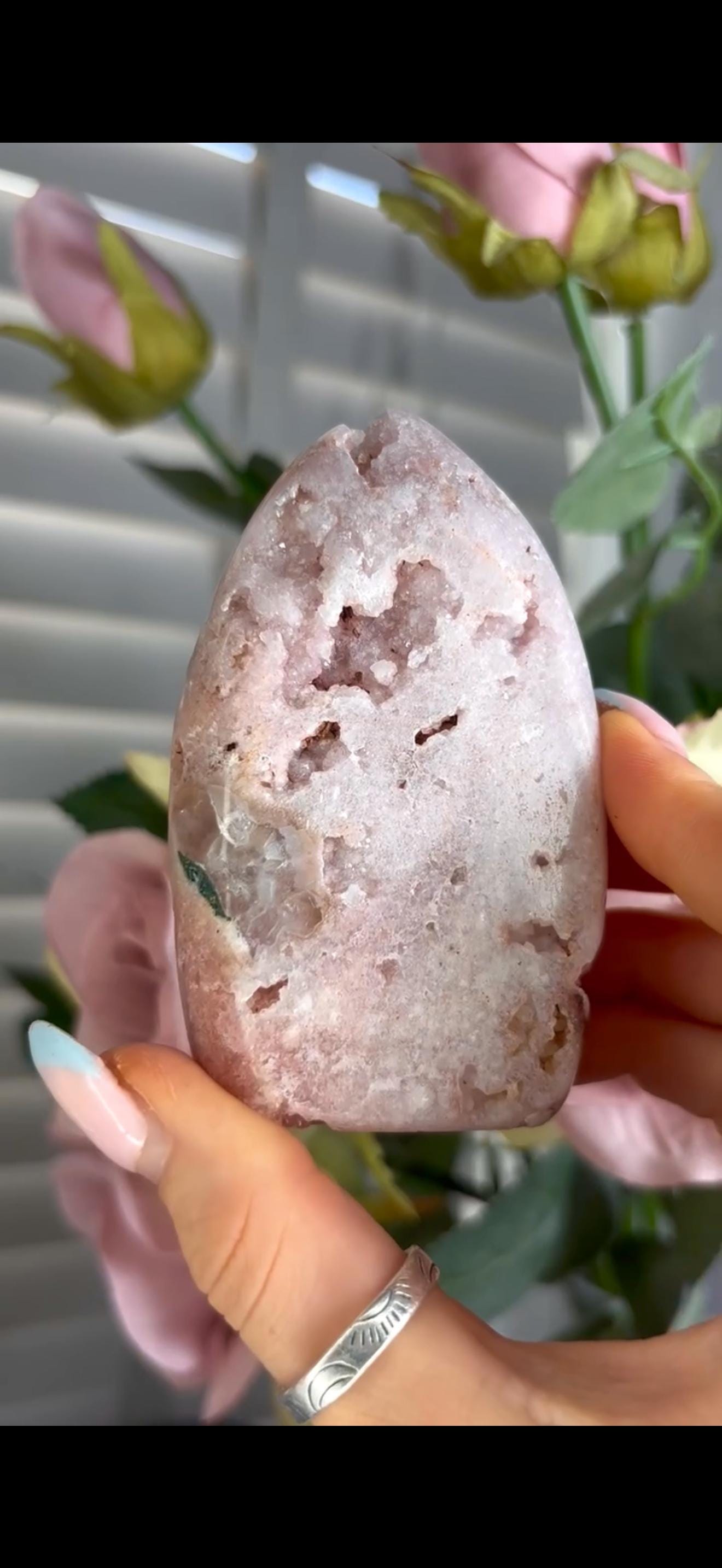 Gorgeous, high grade, baby pink amethyst flame with druzy 203g