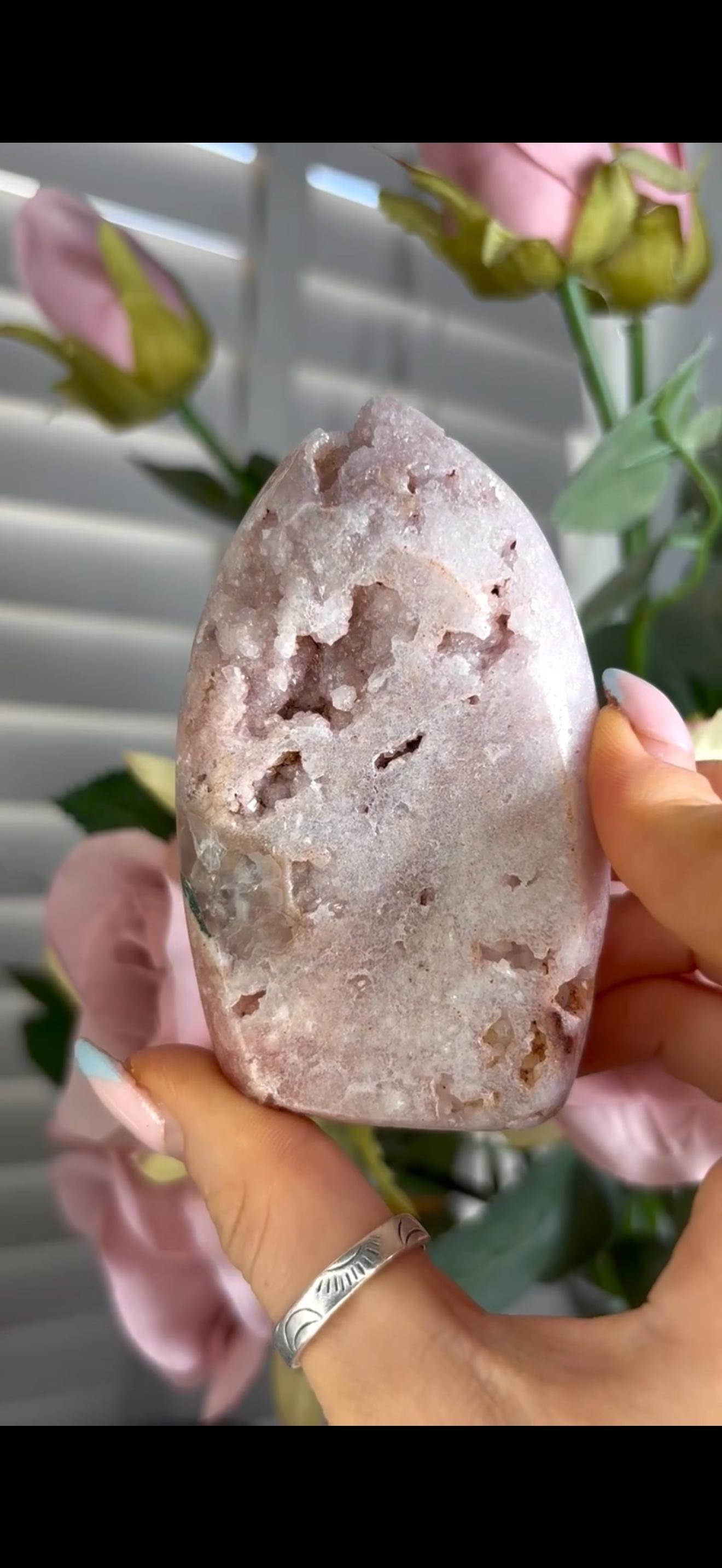 Gorgeous, high grade, baby pink amethyst flame with druzy 203g