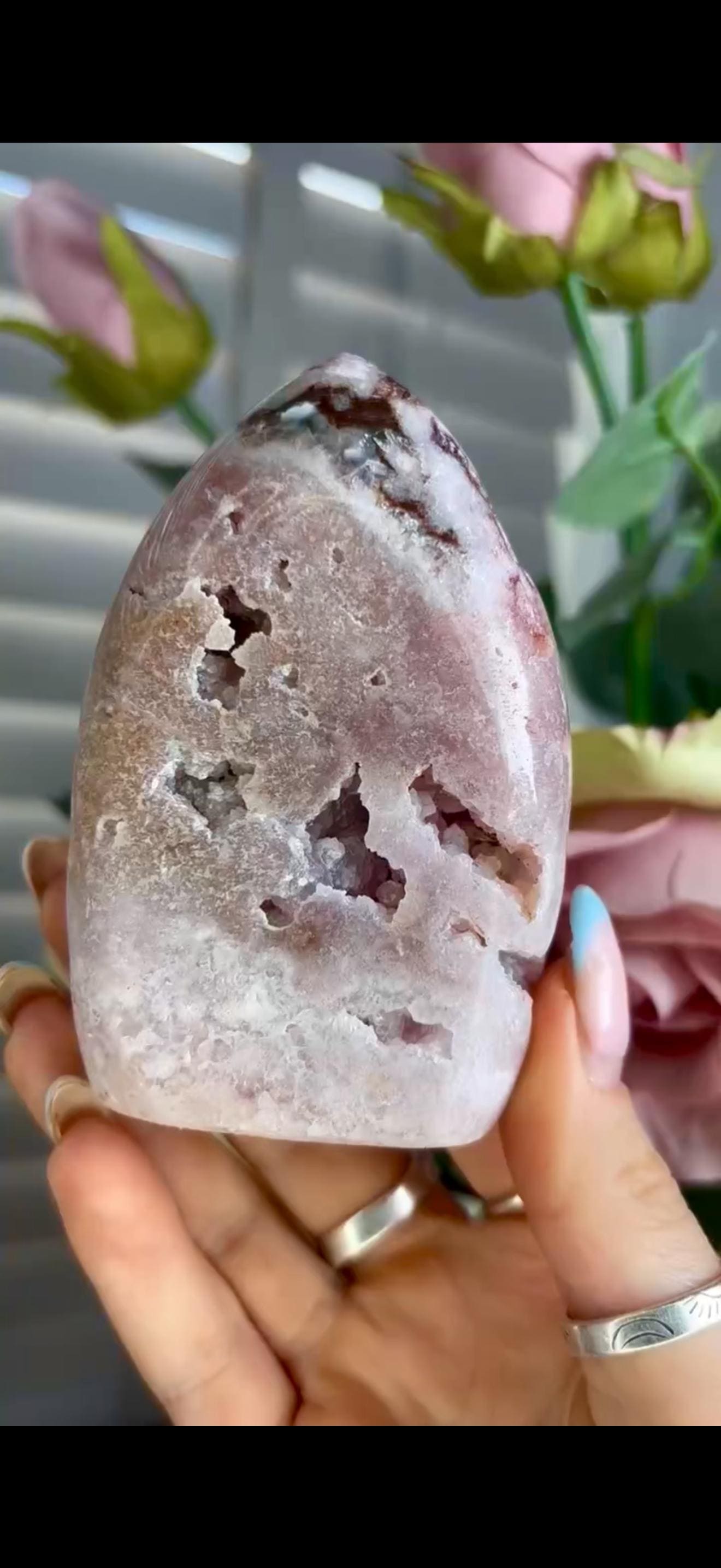 Gorgeous, high grade, baby pink amethyst flame with druzy, Jasper & hematite inclusions 279g