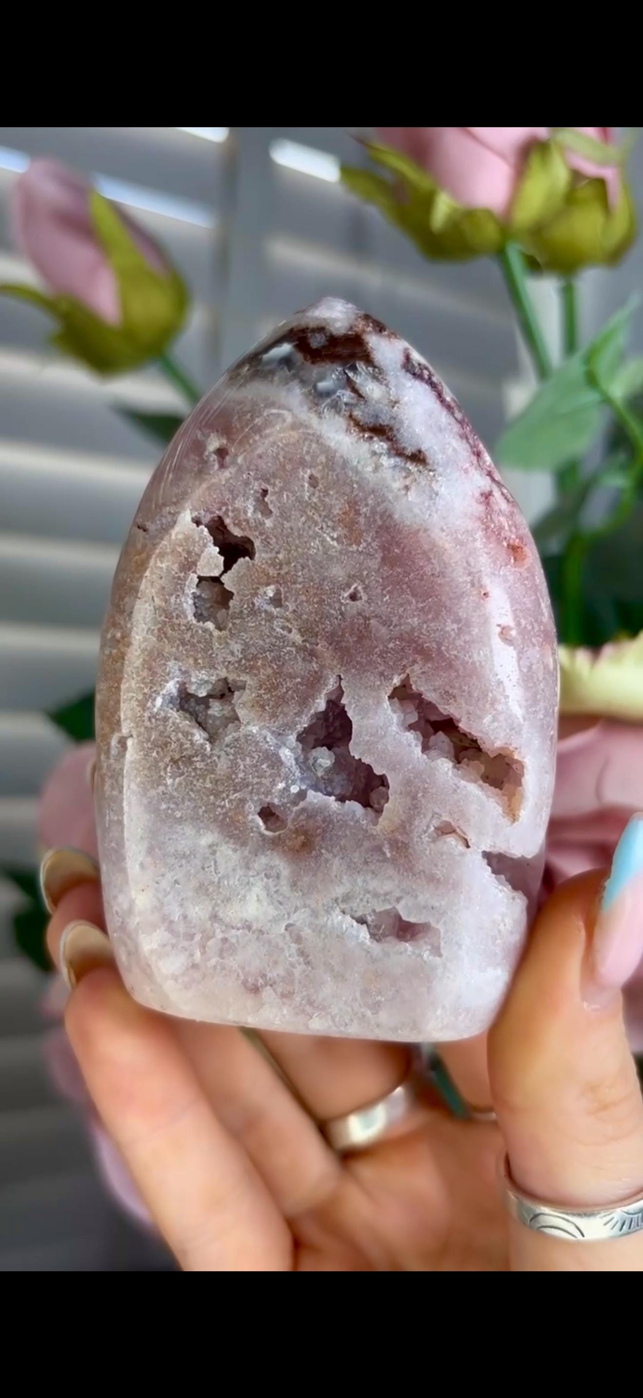 Gorgeous, high grade, baby pink amethyst flame with druzy, Jasper & hematite inclusions 279g