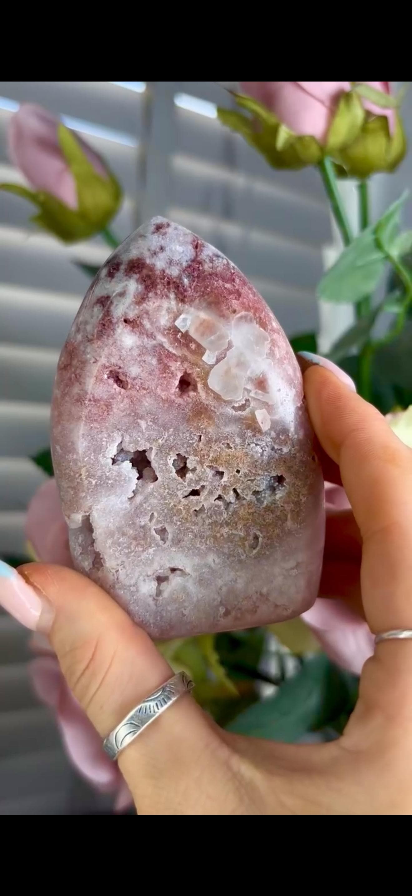 Gorgeous, high grade, baby pink amethyst flame with druzy, Jasper & hematite inclusions 279g