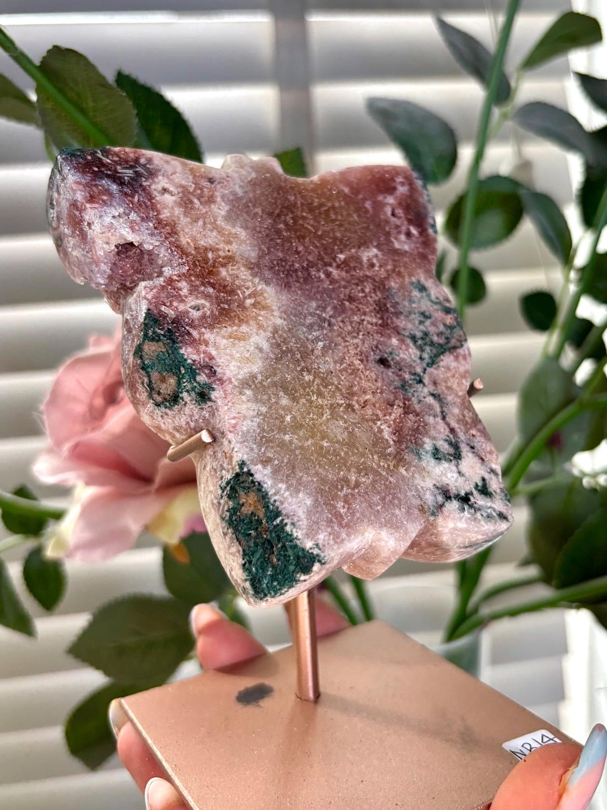 Pink amethyst butterfly on stand with jasper 395g