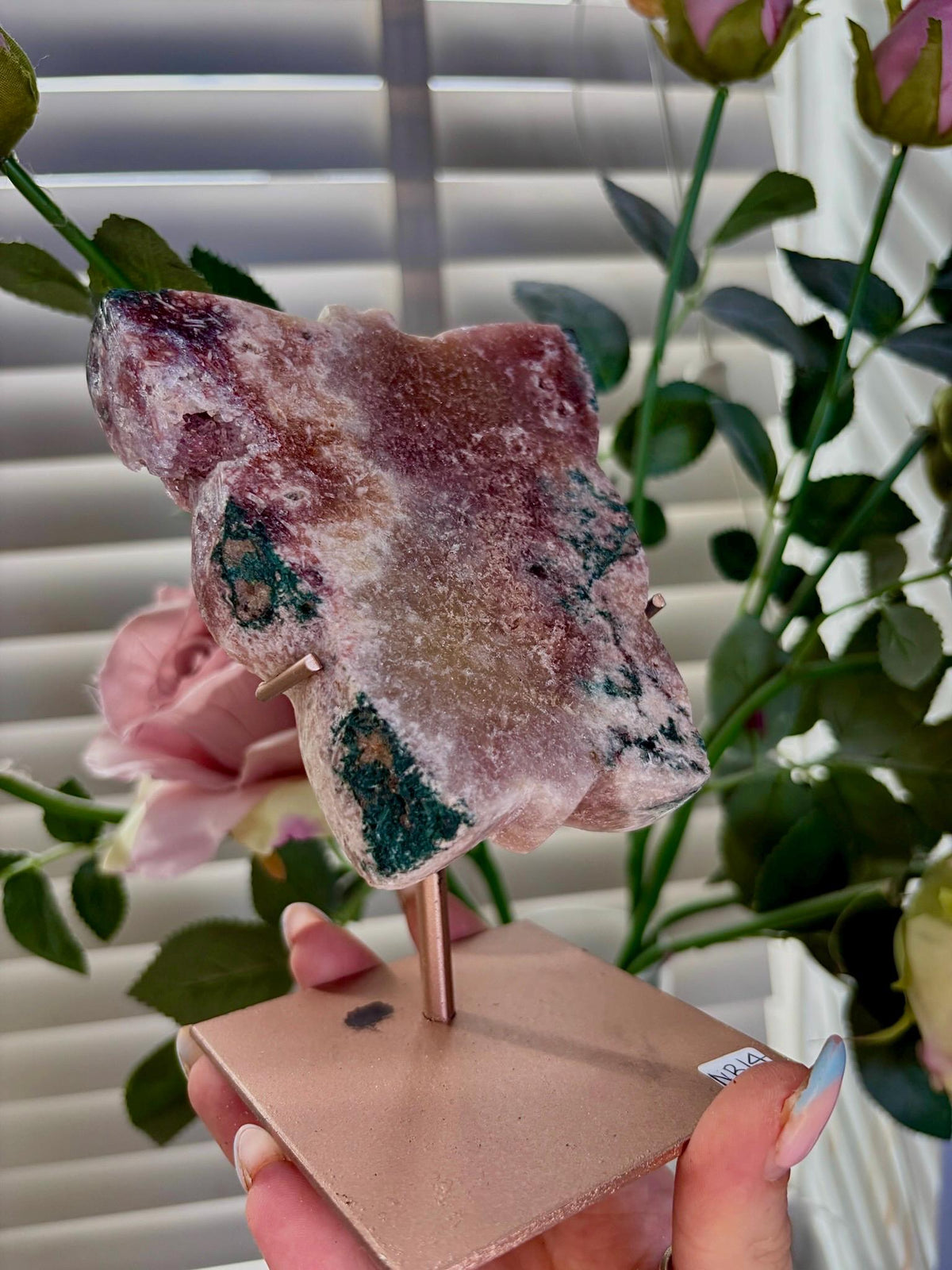 Pink amethyst butterfly on stand with jasper 395g