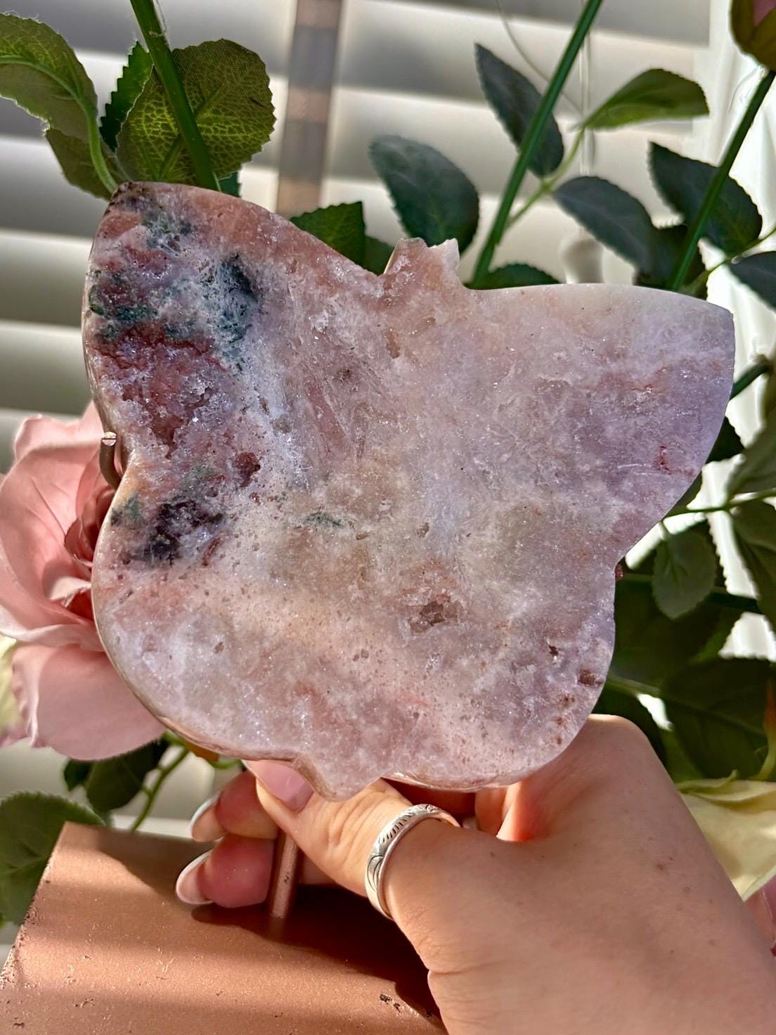 Pink amethyst butterfly on stand with jasper 642g
