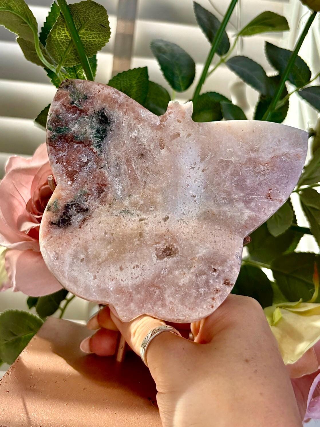 Pink amethyst butterfly on stand with jasper 642g