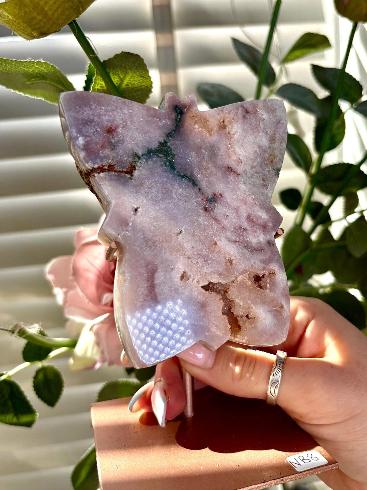 Pink amethyst butterfly on stand with jasper 330g