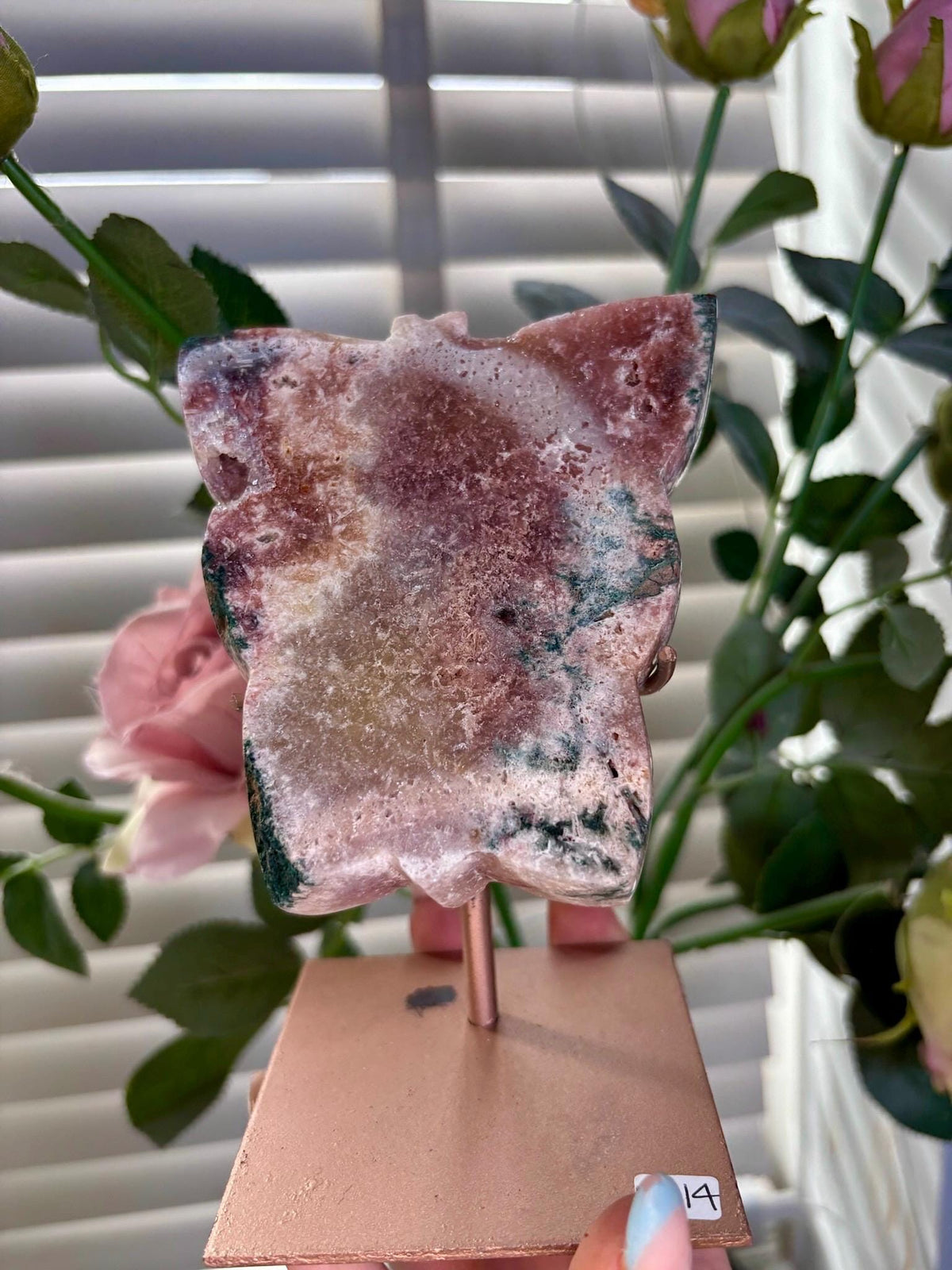 Pink amethyst butterfly on stand with jasper 395g