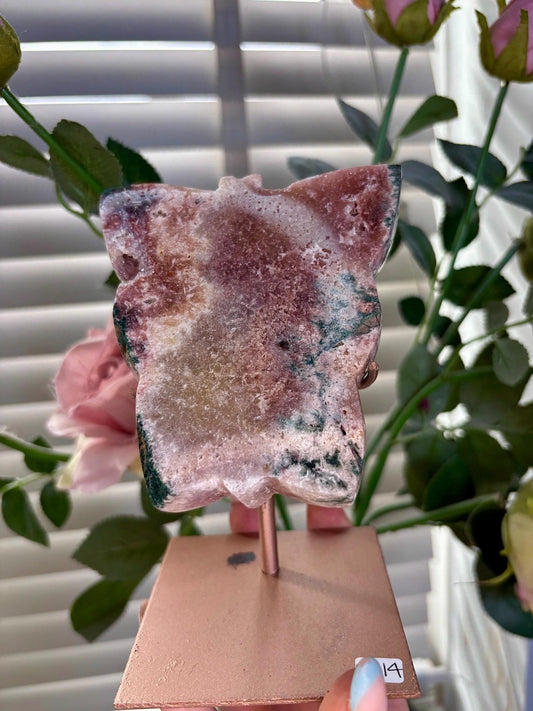 Pink amethyst butterfly on stand with jasper 395g