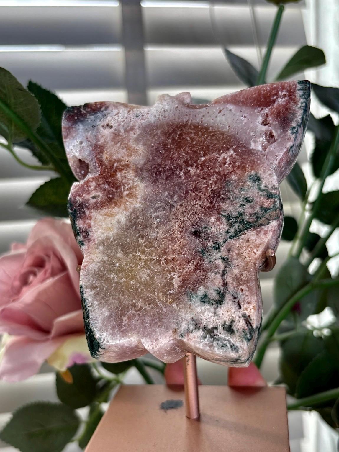 Pink amethyst butterfly on stand with jasper 395g