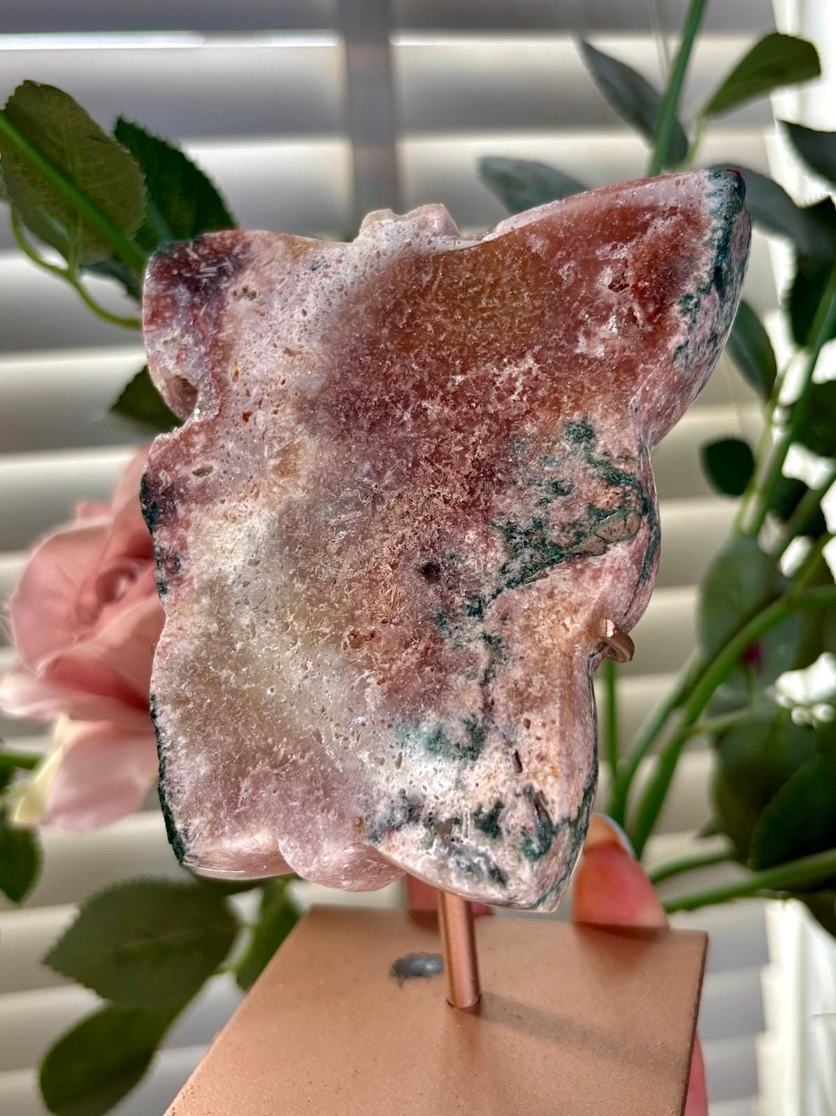 Pink amethyst butterfly on stand with jasper 395g