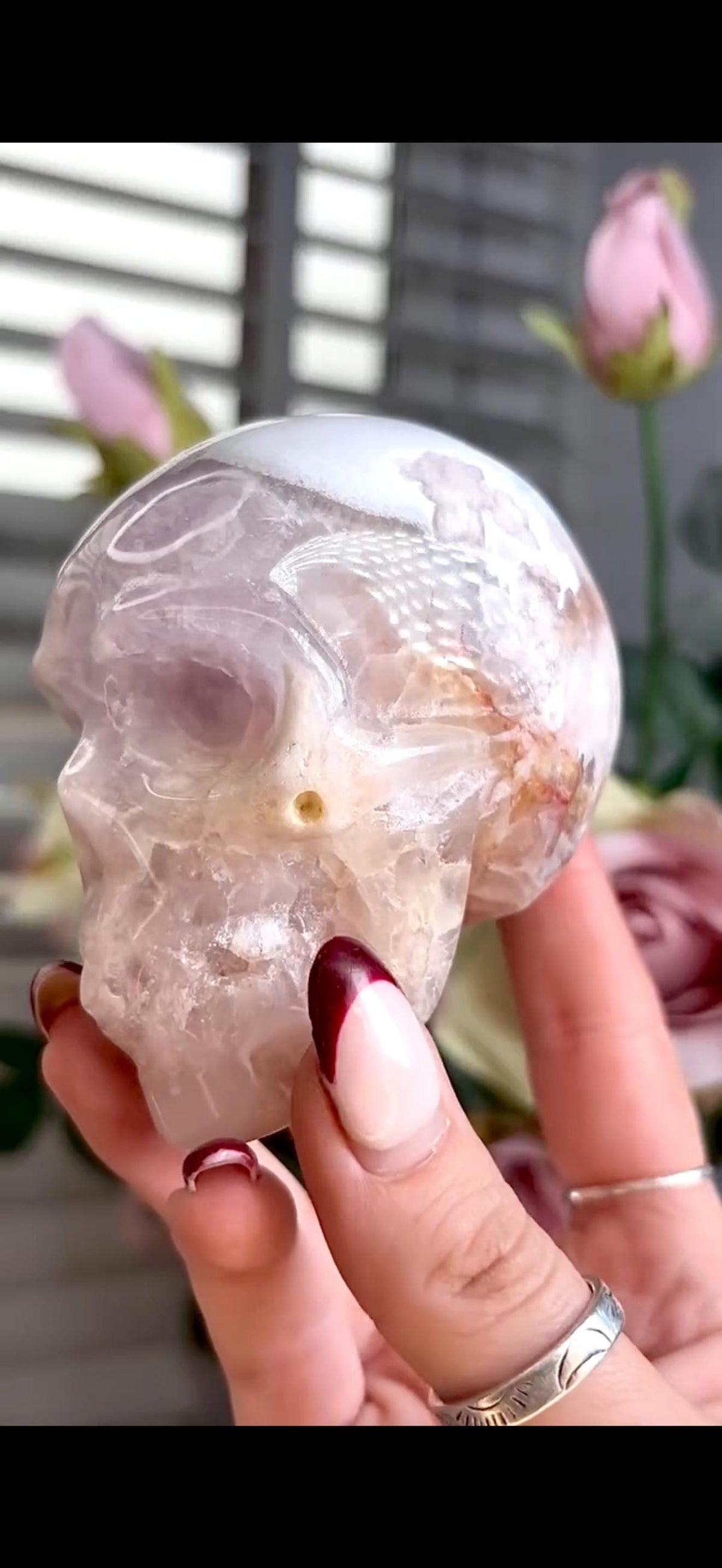 Flower agate skull in pink & blue tones