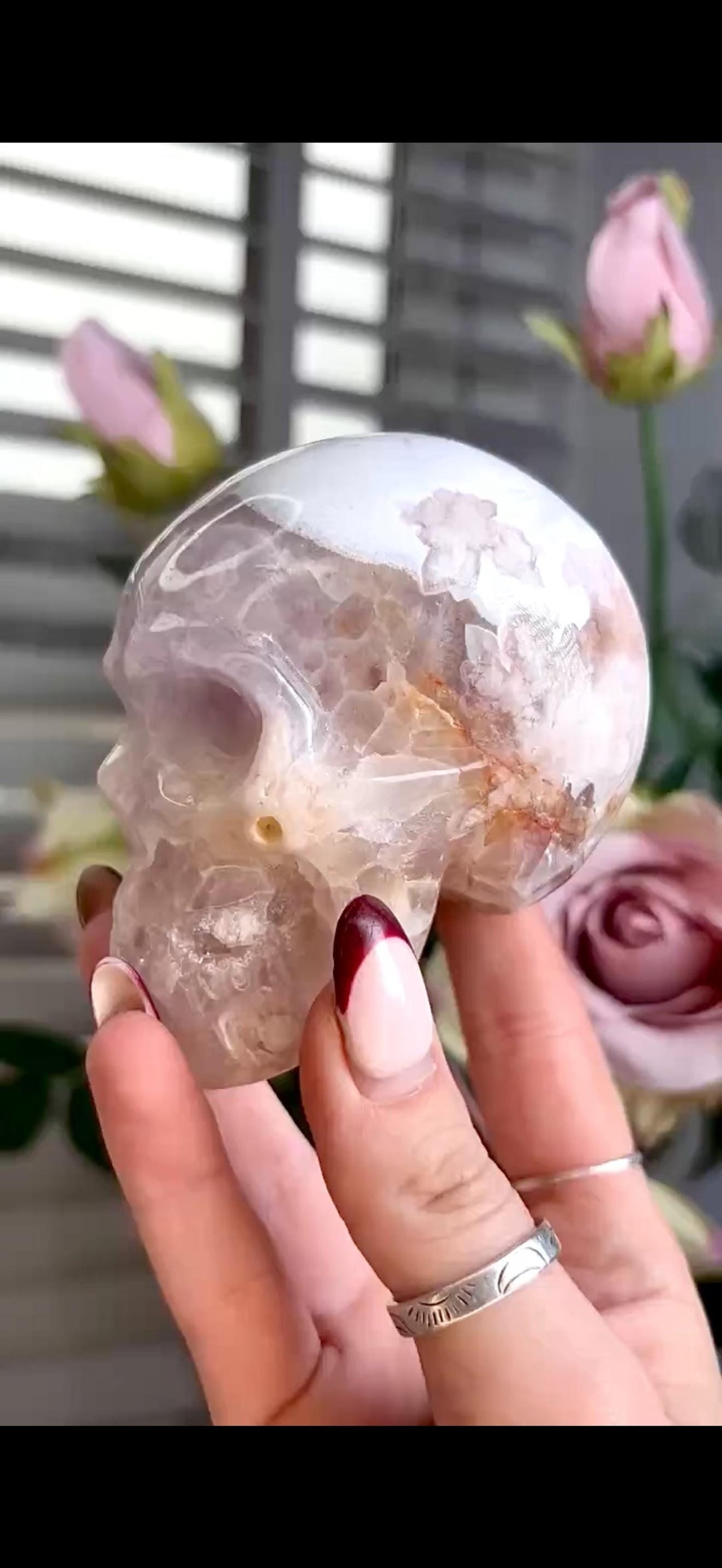 Flower agate skull in pink & blue tones