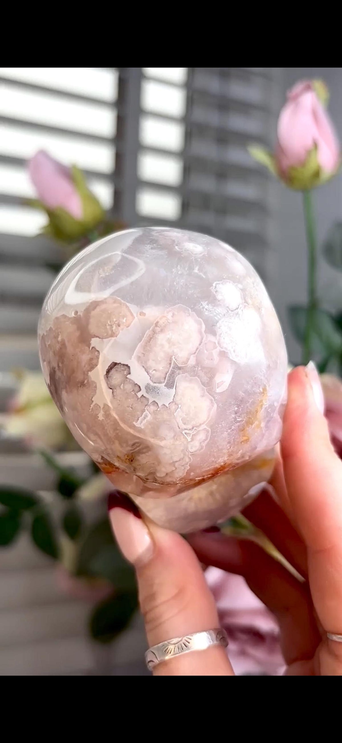 Flower agate skull in pink & blue tones