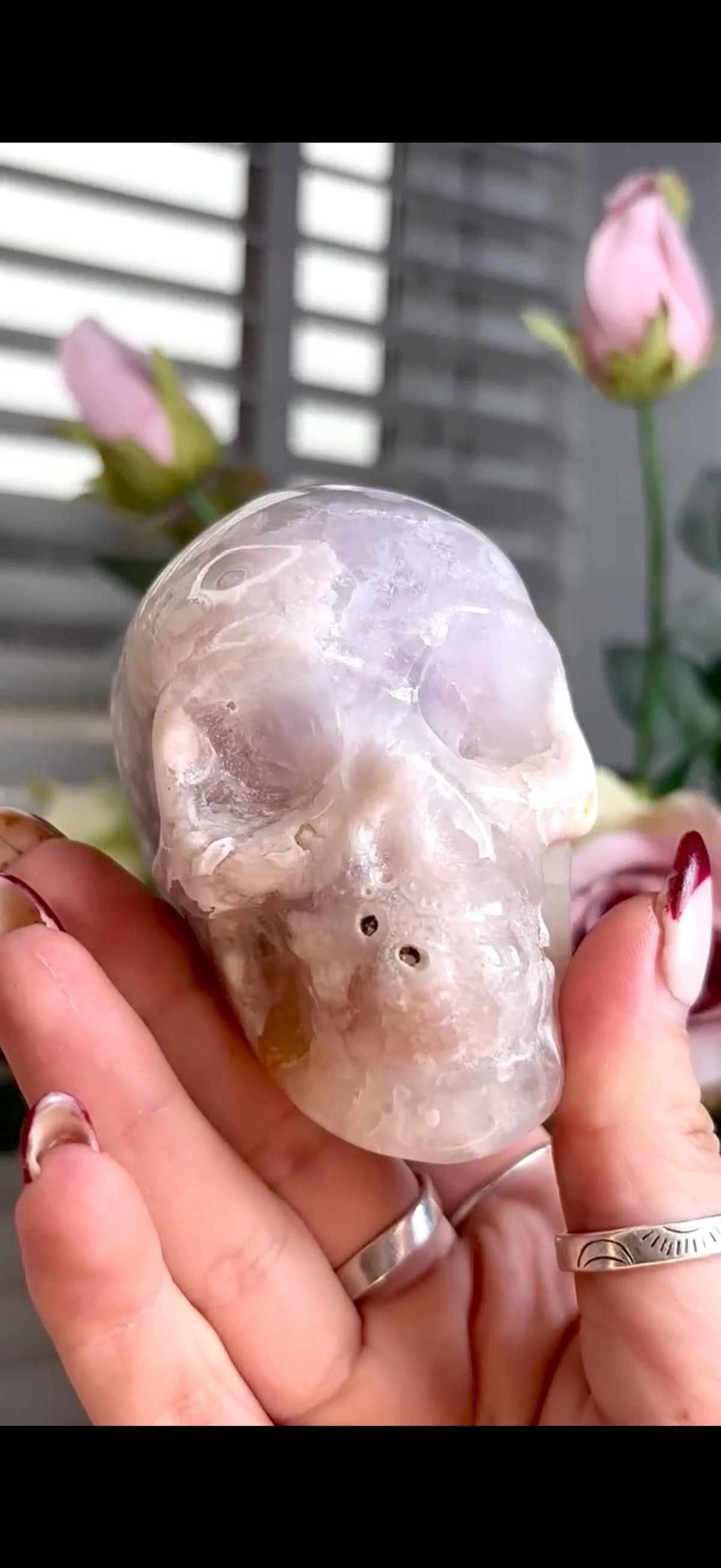 Flower agate skull in pink & blue tones