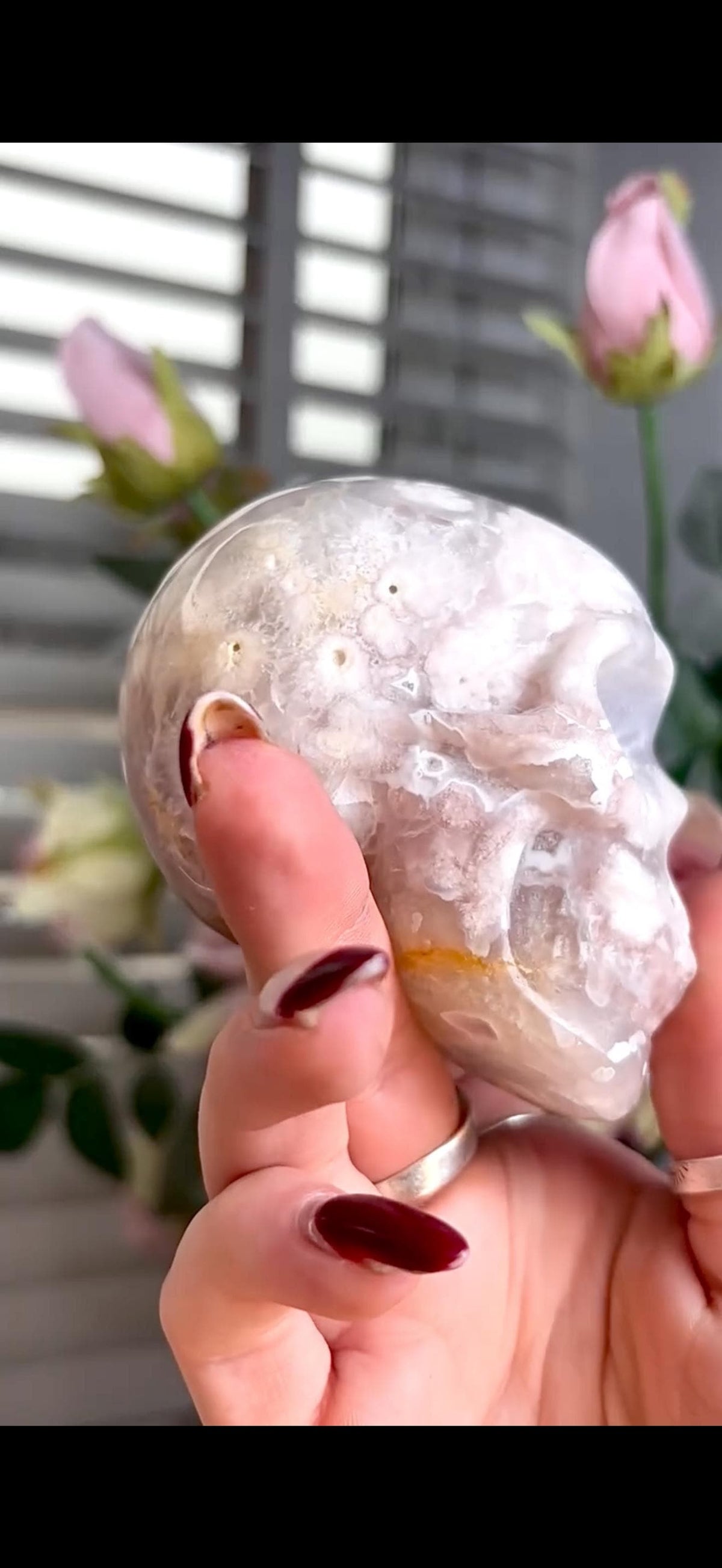 Flower agate skull in pink & blue tones