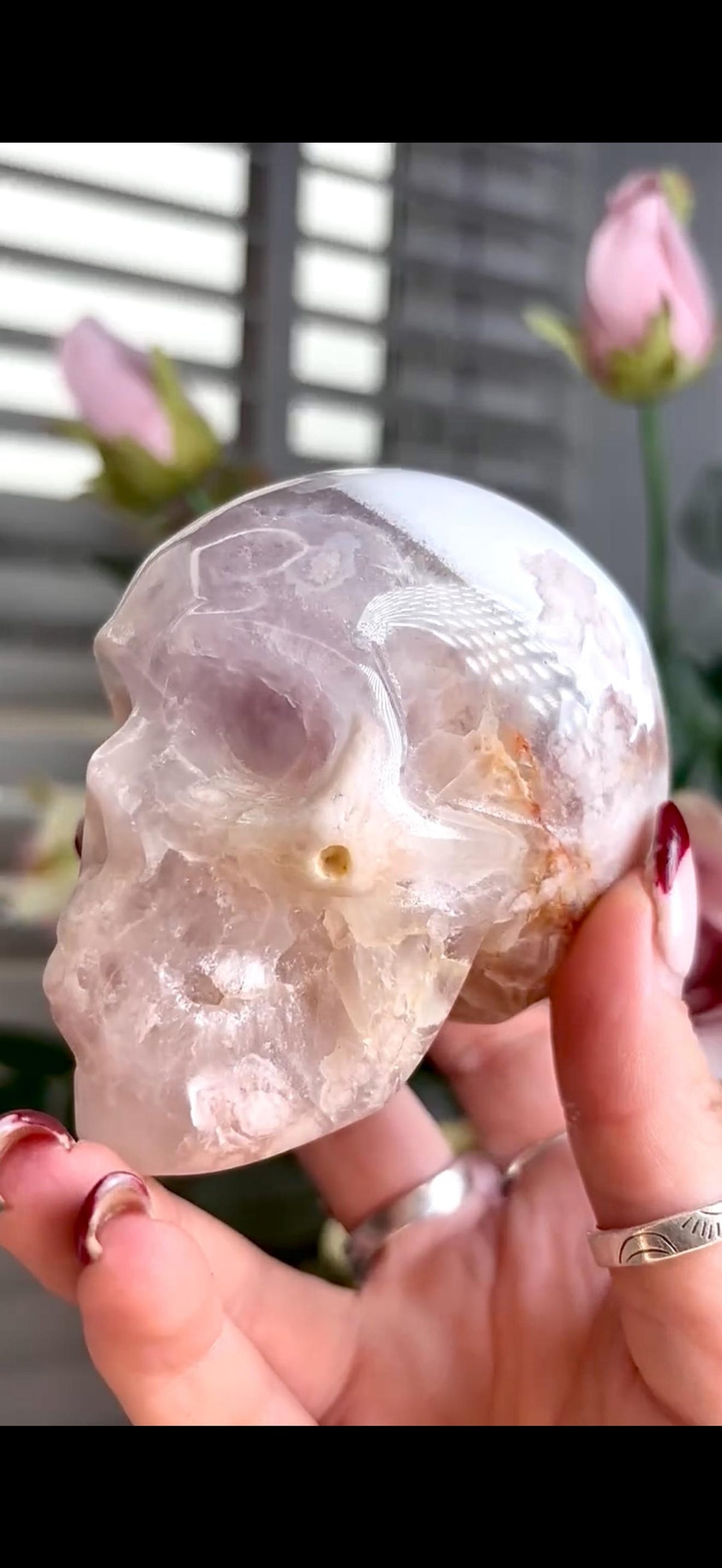 Flower agate skull in pink & blue tones