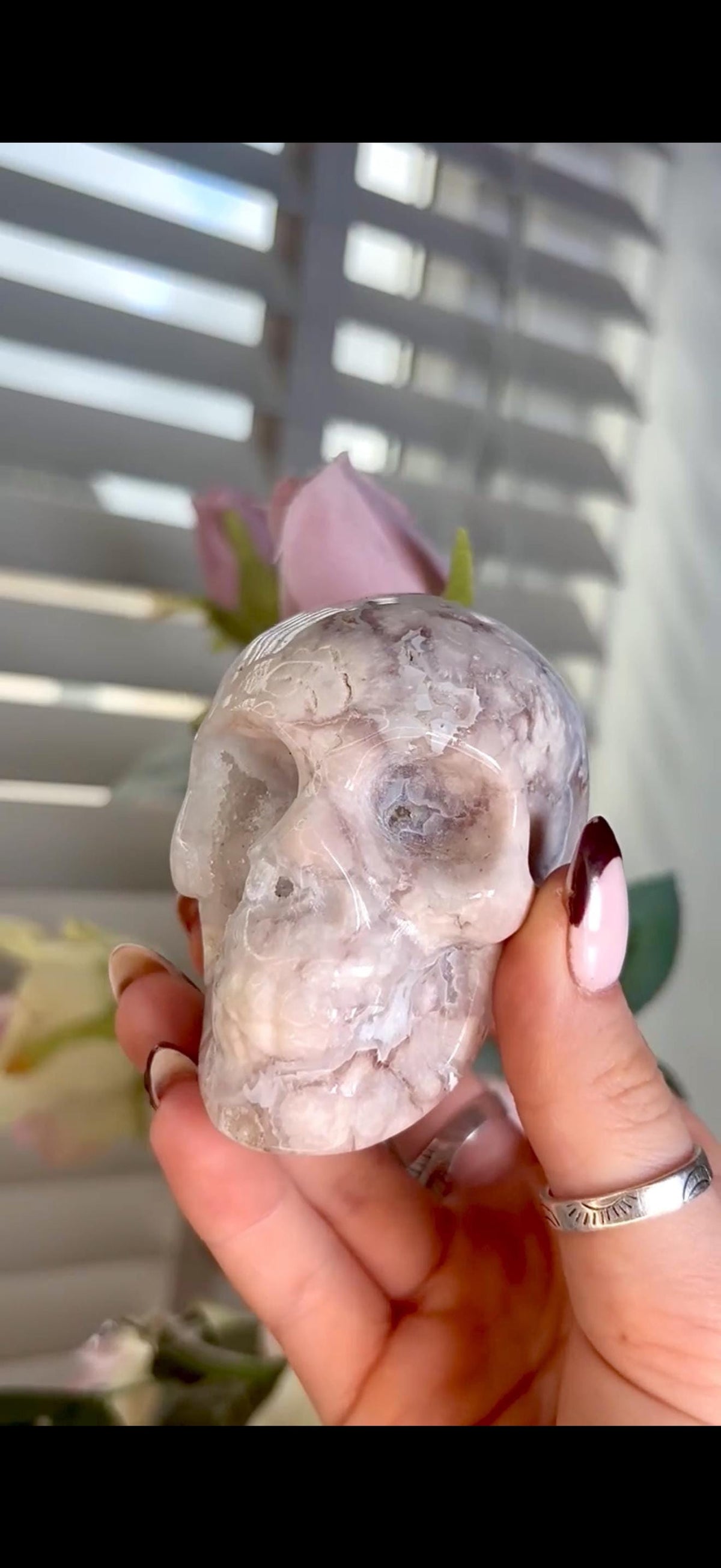 Flower agate skull in pink & blue tones with druzy face