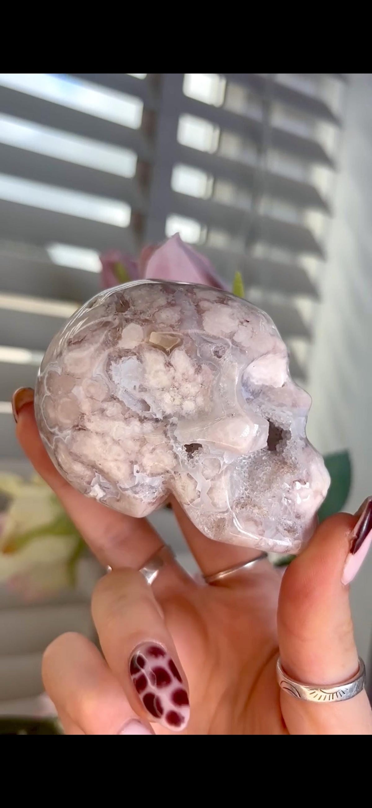 Flower agate skull in pink & blue tones with druzy face
