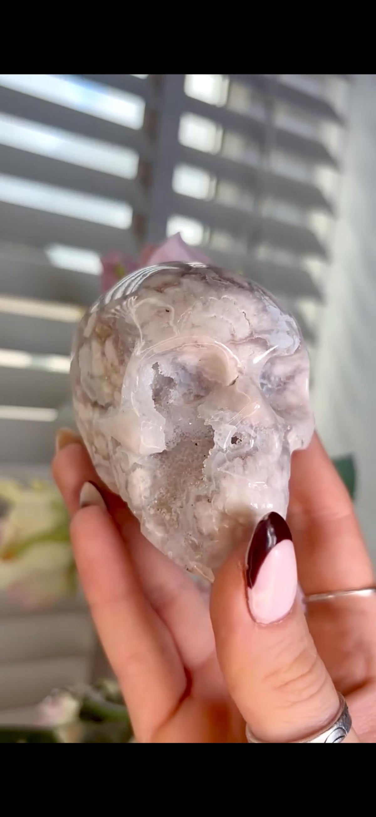 Flower agate skull in pink & blue tones with druzy face