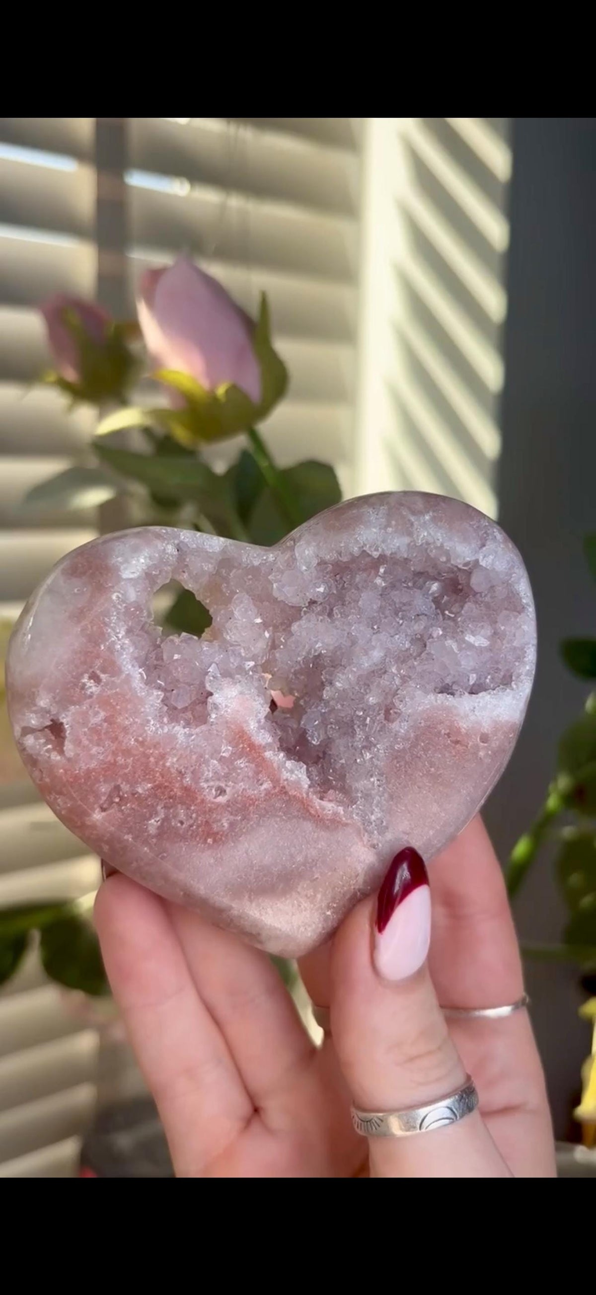High grade, gorgeous, peach/ baby pink toned , Pink amethyst heart, comes with custom stand