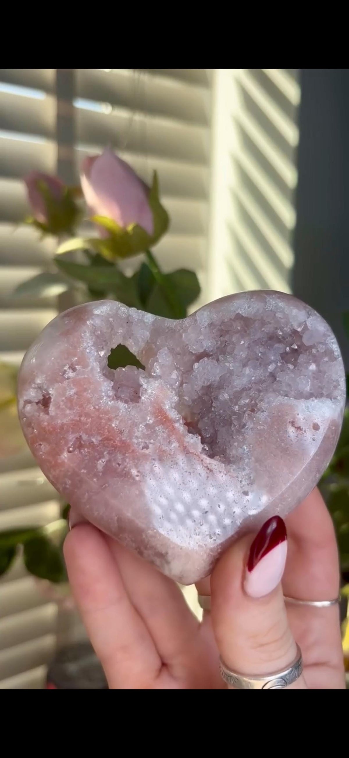 High grade, gorgeous, peach/ baby pink toned , Pink amethyst heart, comes with custom stand