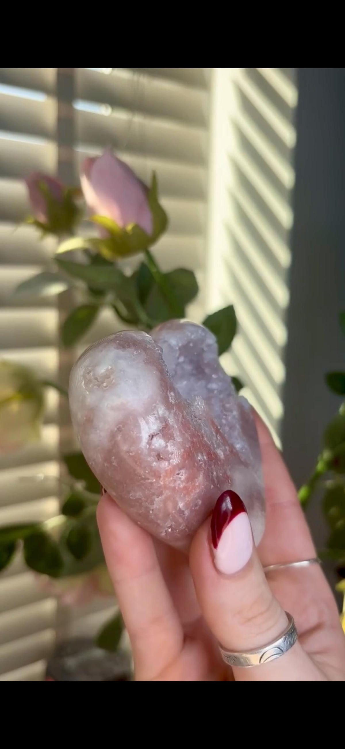 High grade, gorgeous, peach/ baby pink toned , Pink amethyst heart, comes with custom stand