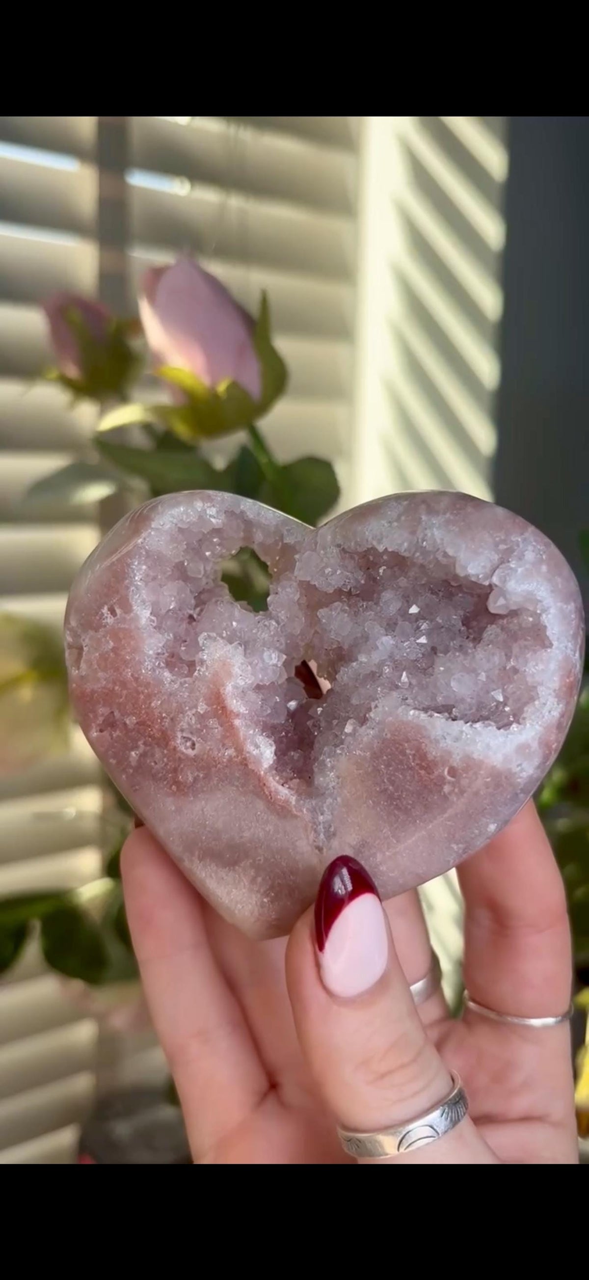 High grade, gorgeous, peach/ baby pink toned , Pink amethyst heart, comes with custom stand