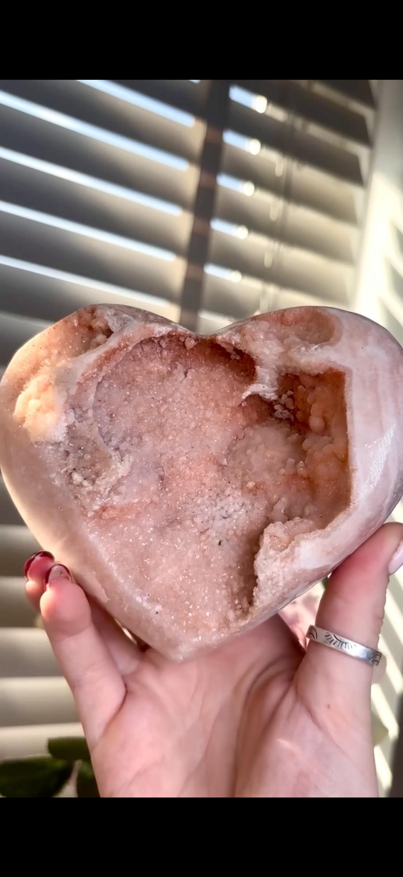 High grade, gorgeous, peach toned , sugar druzy Pink amethyst heart, comes with custom stand 817g