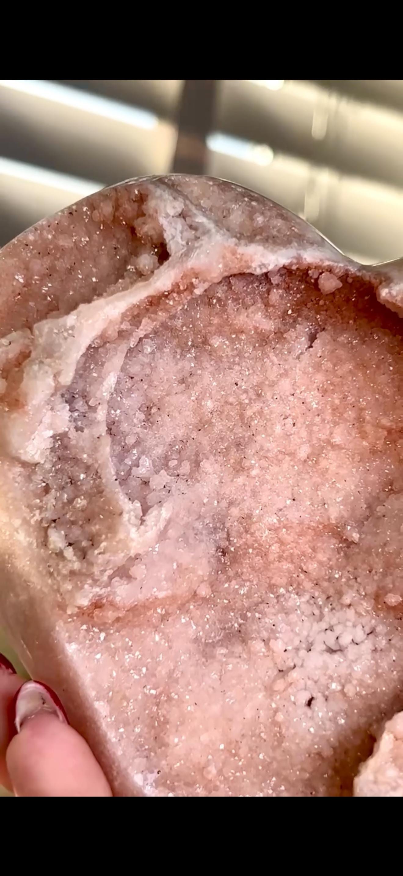High grade, gorgeous, peach toned , sugar druzy Pink amethyst heart, comes with custom stand 817g
