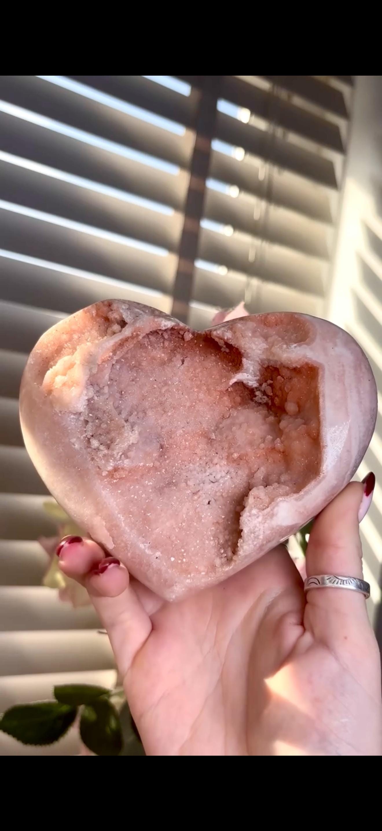 High grade, gorgeous, peach toned , sugar druzy Pink amethyst heart, comes with custom stand 817g