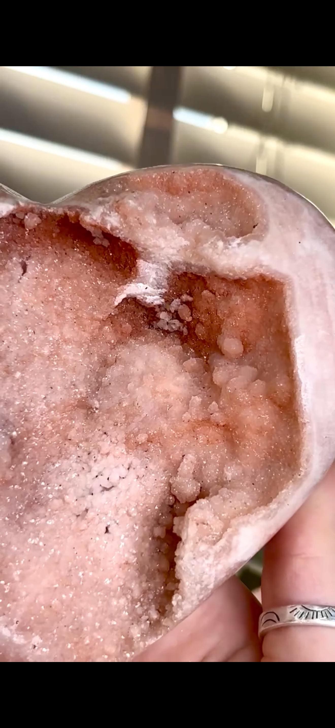 High grade, gorgeous, peach toned , sugar druzy Pink amethyst heart, comes with custom stand 817g
