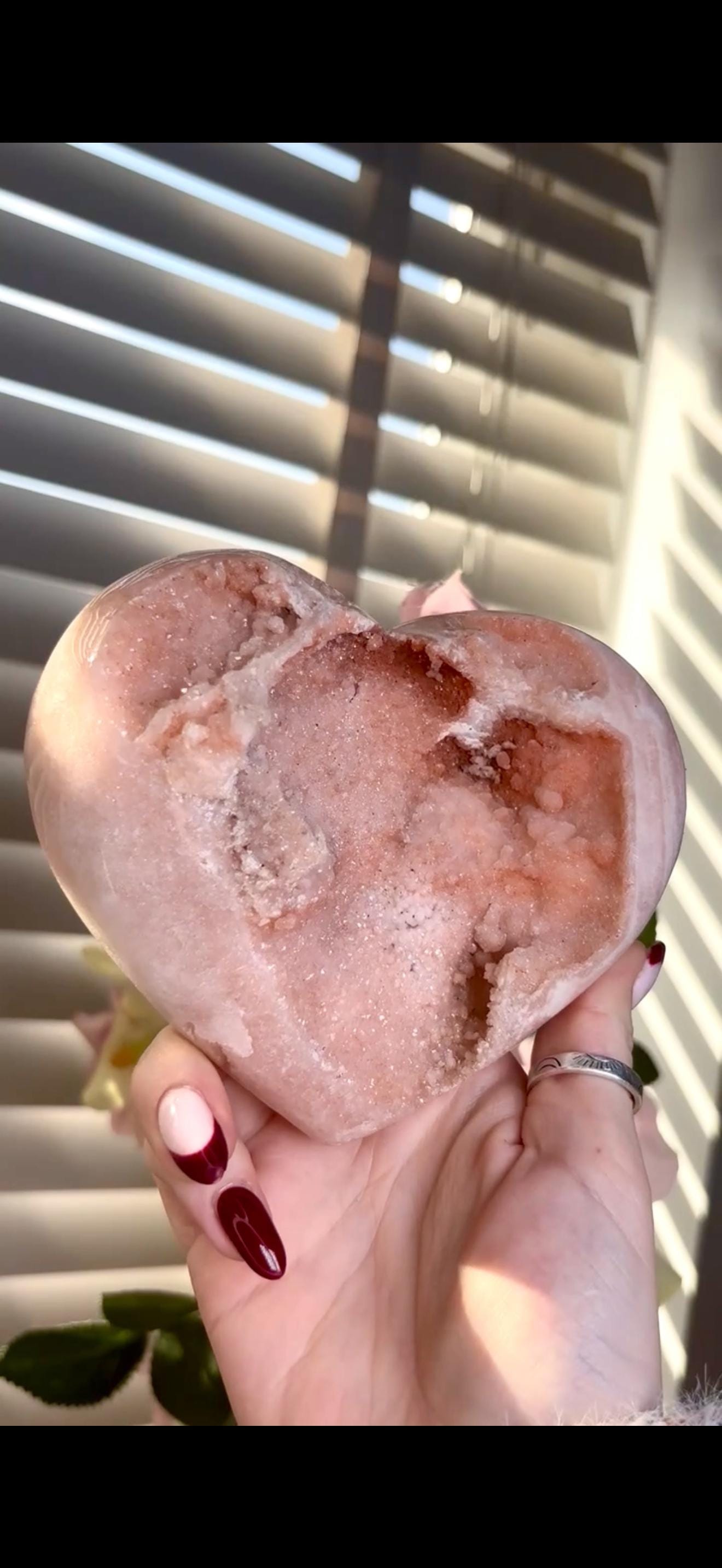 High grade, gorgeous, peach toned , sugar druzy Pink amethyst heart, comes with custom stand 817g